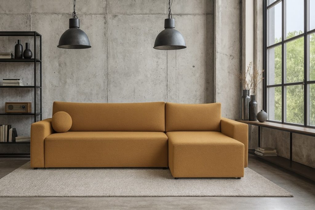 Narożnik BELLA boucle z funkcją spania i pojemnikiem – GRATIS poduszka kula