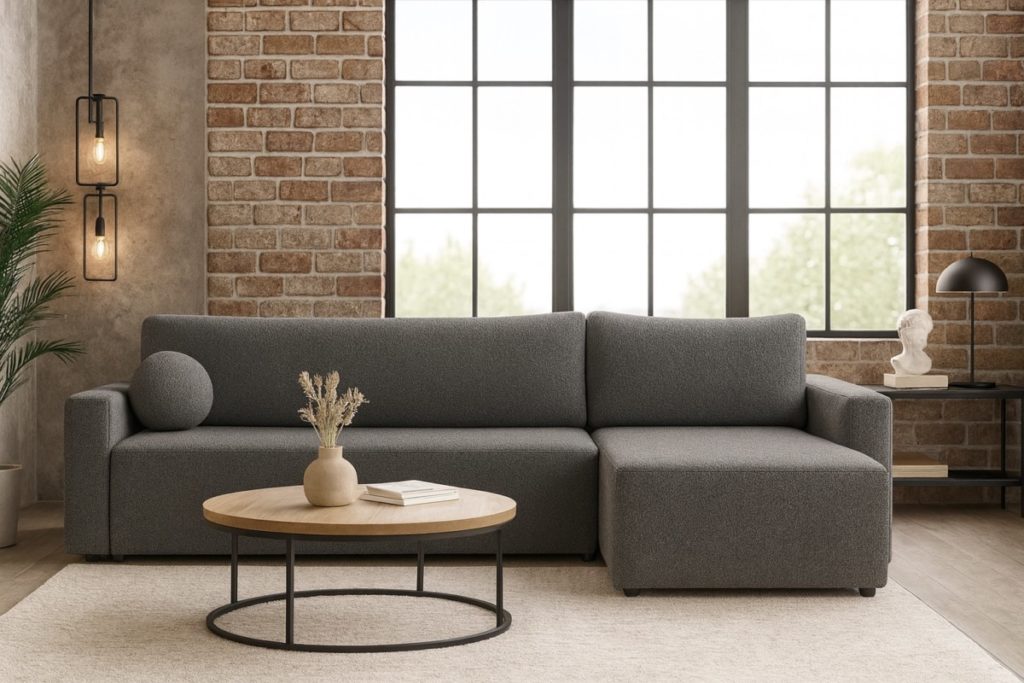 Narożnik BELLA boucle z funkcją spania i pojemnikiem – GRATIS poduszka kula