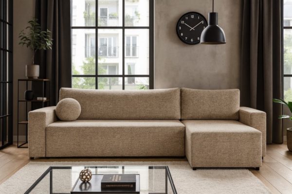 Narożnik BELLA boucle z funkcją spania i pojemnikiem – GRATIS poduszka kula