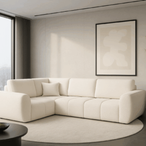 Narożnik z funkcją spania Lusso – rozkładany narożnik z pojemnikiem  tkanina Boucle